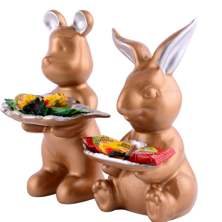 Set of 2 Rabbits in Golden Decorative Showpiece for Home Decor Showpiece | Home Kitchen Decor | Office Decorative Item - 13 cm