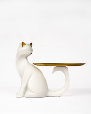 Luxury White Cat Decorative Tray | Modern Resin Jewelry Holder & Tabletop Organizer