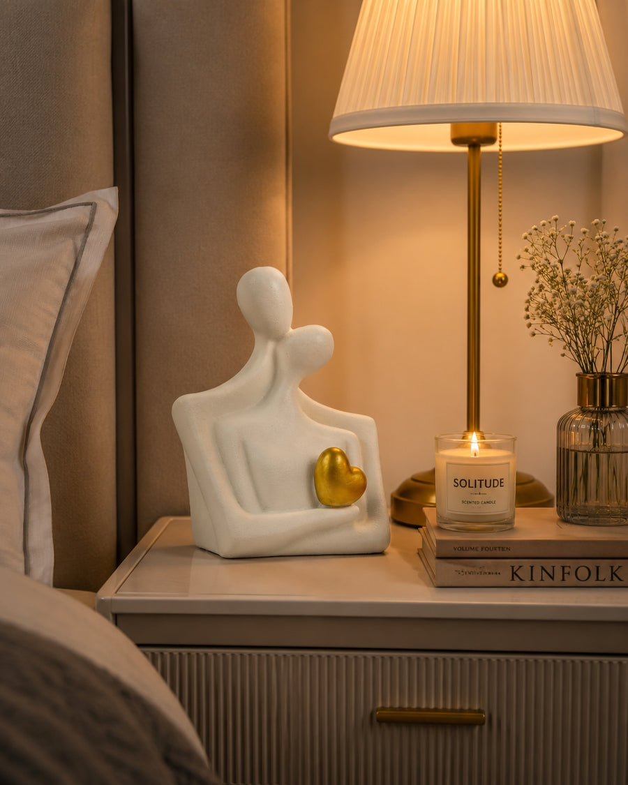 Eternal Embrace Couple Sculpture with Golden Heart | Modern Minimalist Love Decor