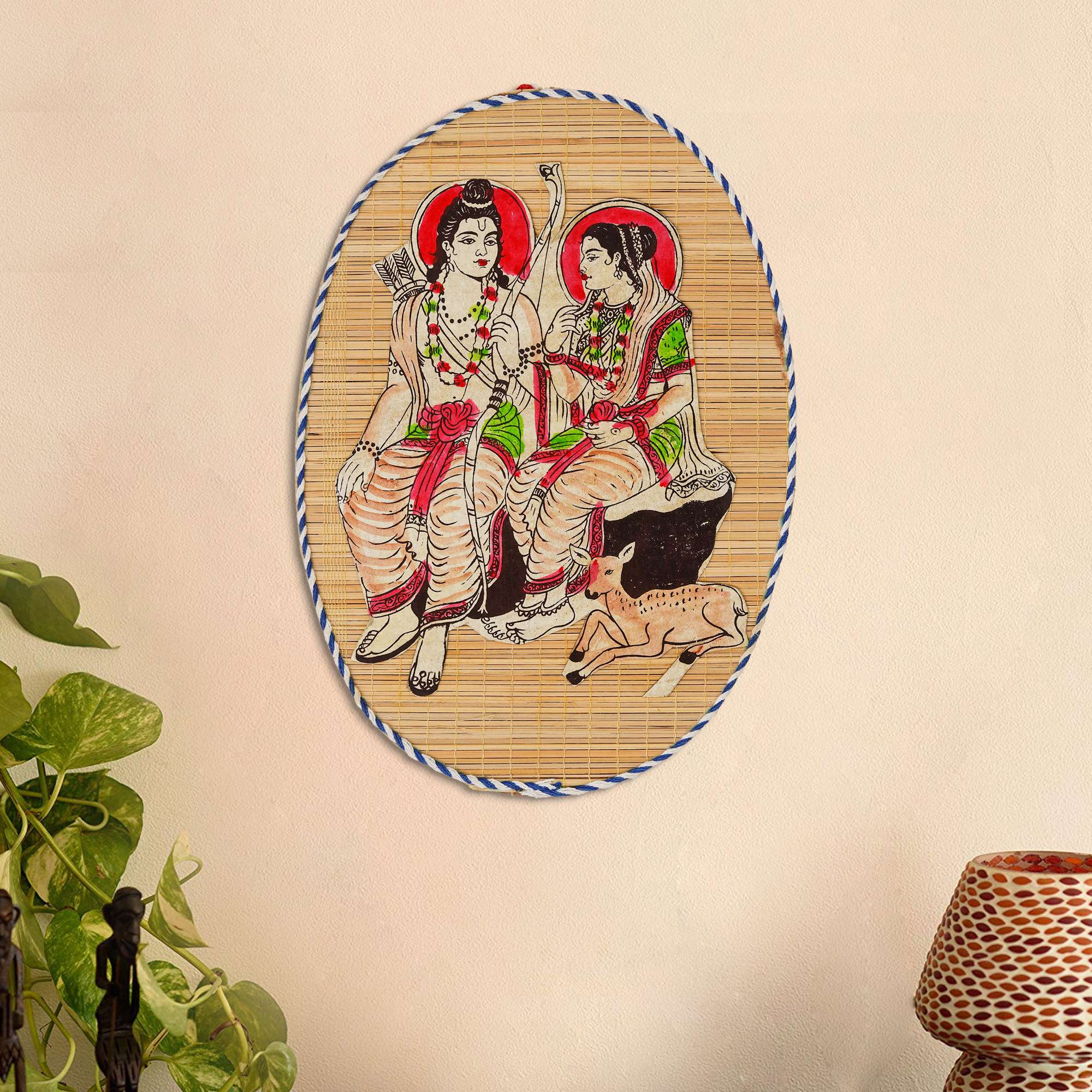 Oval Shaped Design Bamboo Hand Crafted Wall Hangings Of Shri Ram Ji With Janaki Ji For Home D?cor | Bamboo Art For Wall Decor