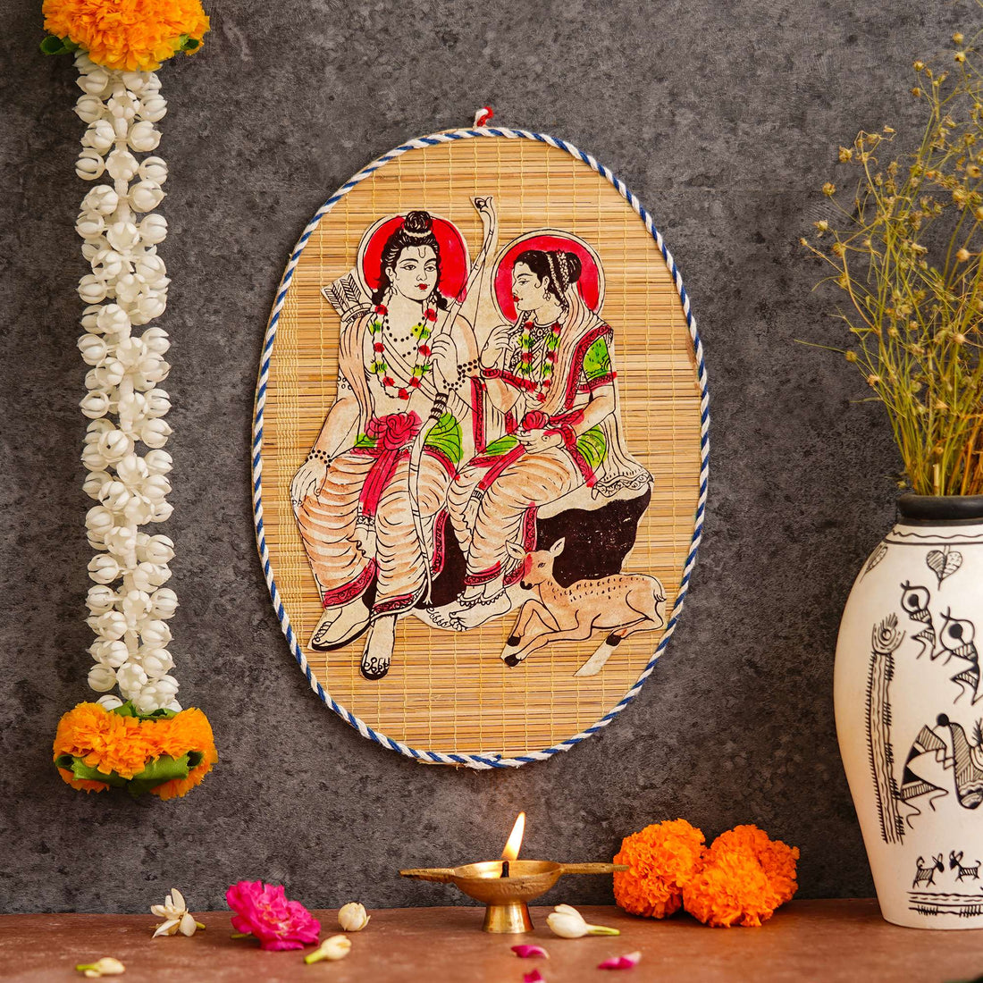 Oval Shaped Design Bamboo Hand Crafted Wall Hangings Of Shri Ram Ji With Janaki Ji For Home D?cor | Bamboo Art For Wall Decor