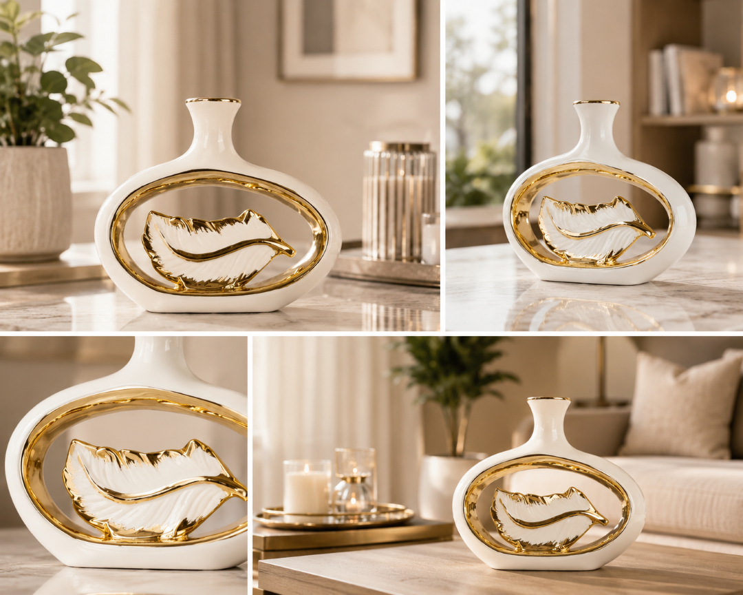 Luxury Nordic Hollow Ceramic Vase with Golden Leaf | Modern Designer Decorative Vase for Home & Office