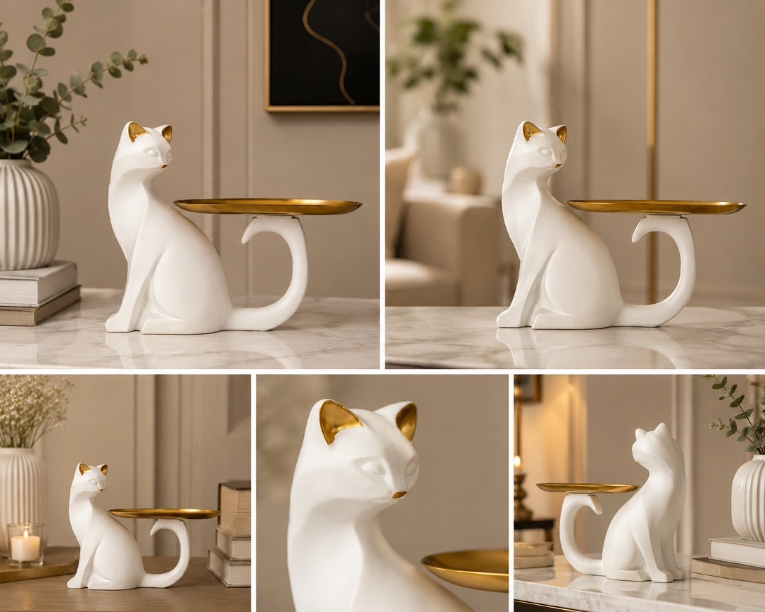 Luxury White Cat Decorative Tray | Modern Resin Jewelry Holder & Tabletop Organizer