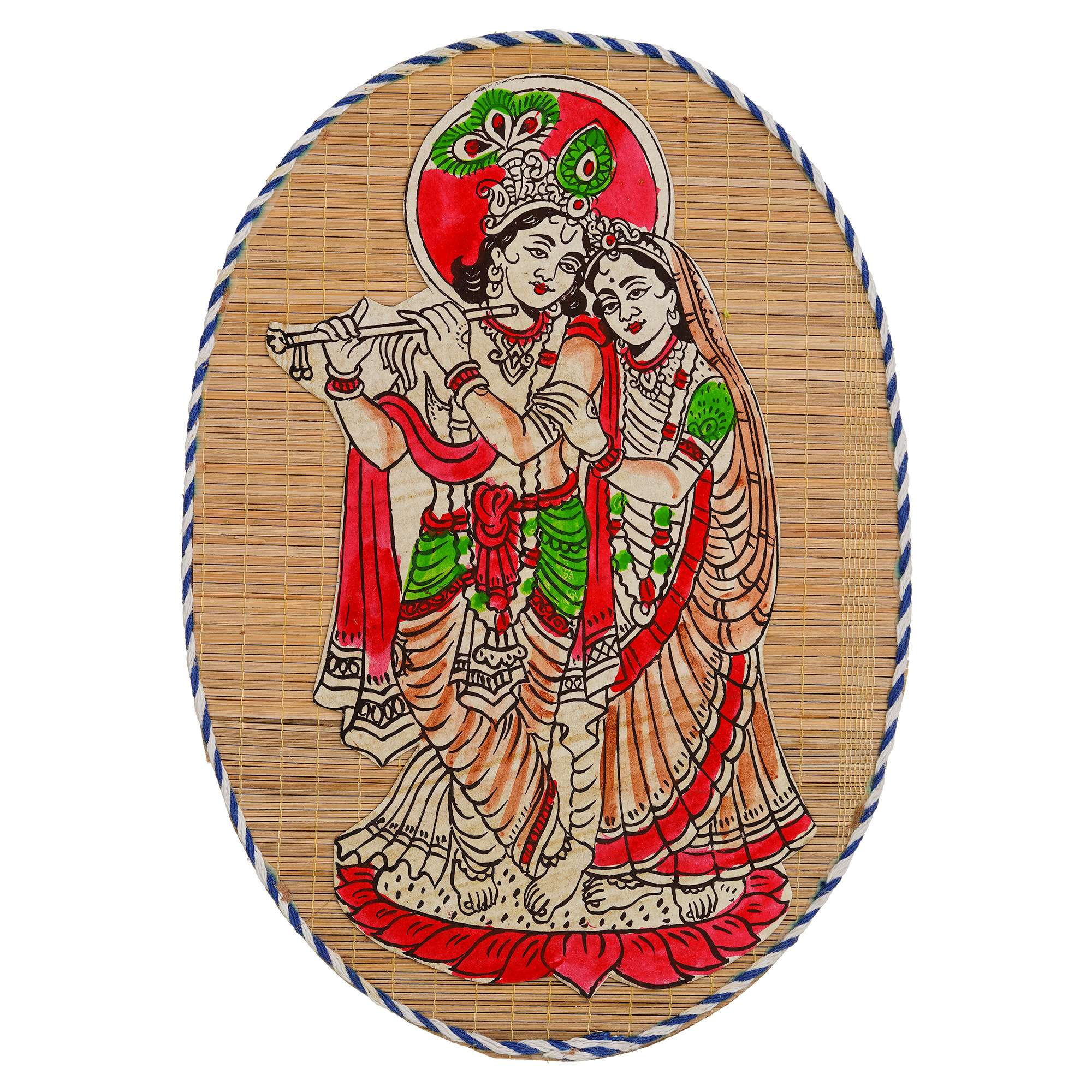 Oval Shaped Design Bamboo Hand Crafted Wall Hangings Of Krishna Ji With Radha Ji For Home D?cor | Bamboo Art For Wall Decor