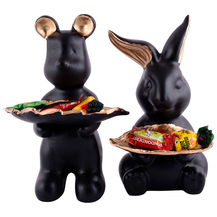 Set of 2 Rabbits in Black Decorative Showpiece for Home Decor Showpiece | Home Kitchen Decor | Office Decorative Item - 13 cm