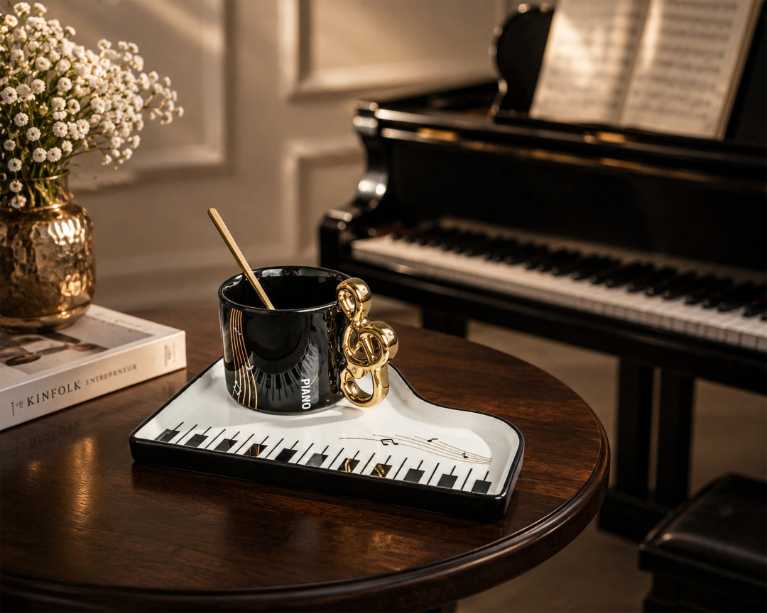 Piano Luxe Coffee Mug & Musical Notes Tray Set | Black & Gold Music Lover Décor