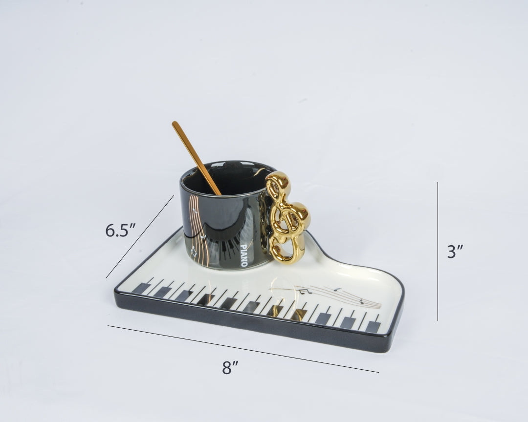 Piano Luxe Coffee Mug & Musical Notes Tray Set | Black & Gold Music Lover Décor
