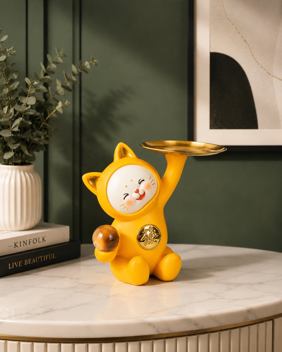 Lucky Cat Coin Tray Figurine | Modern Resin Home Decor Showpiece