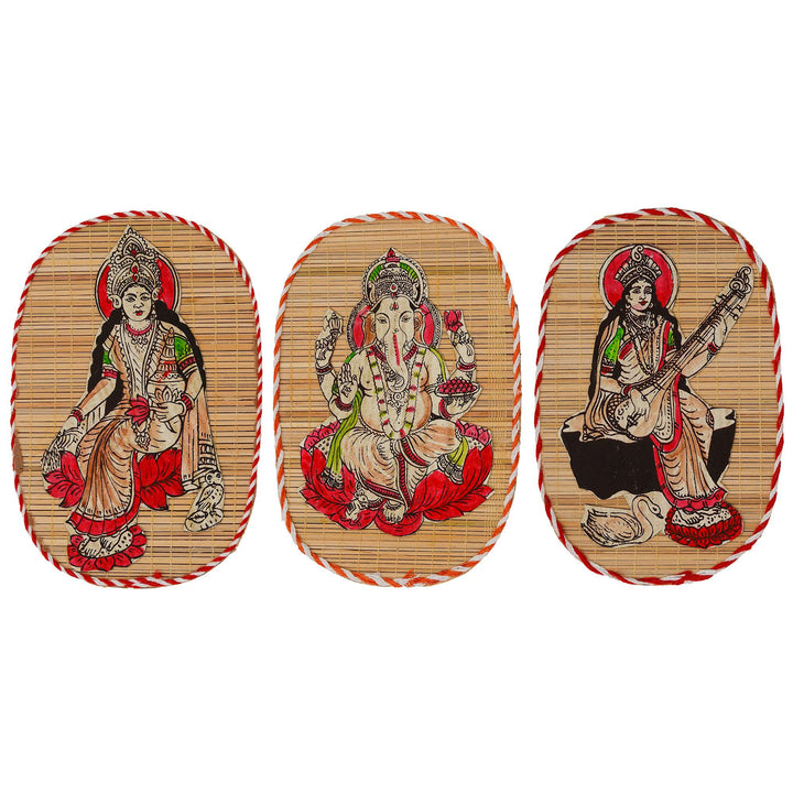 Bamboo Hand Crafted Wall Hangings Of The Trio Of  Ganesh Ji, Laxmi Ji And Sarwasti Ji Painting For Home D?cor