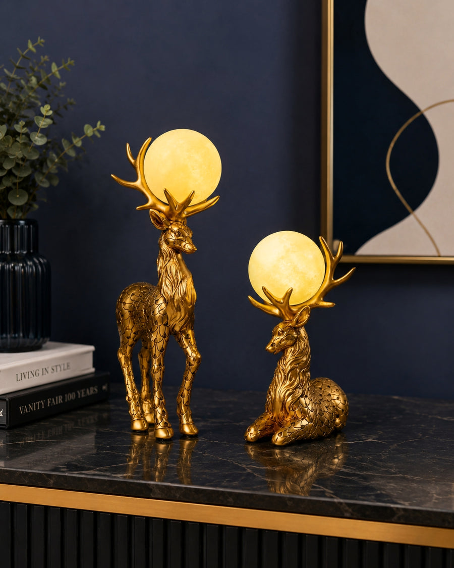 Luxury Golden Deer Moon Lamp Set| Modern Decorative Showpiece (Set of 2)