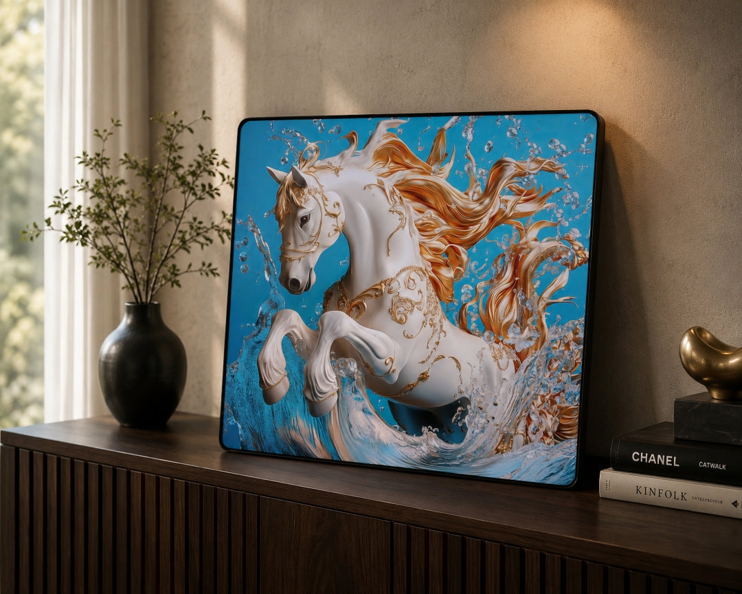 Majestic Azure Gold-Embellished Horse Framed Canvas Wall Art