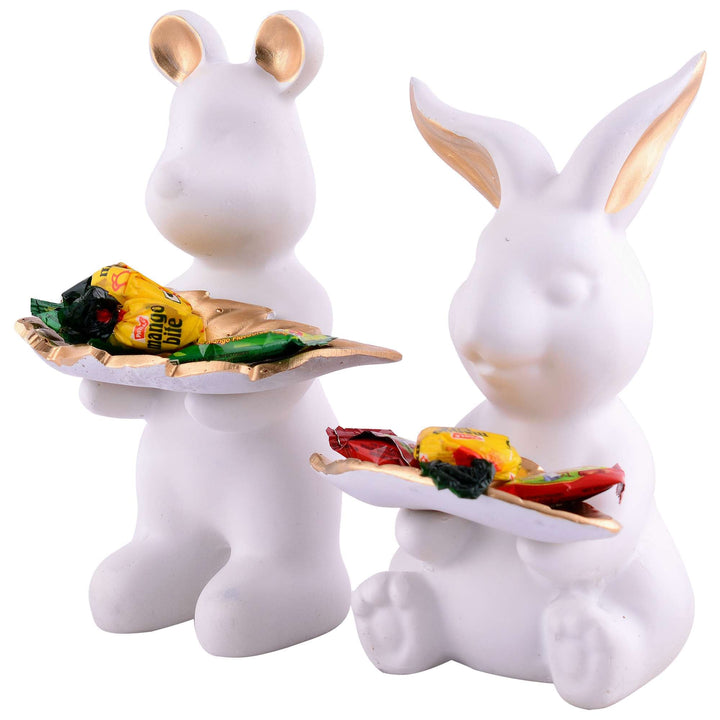 Set of 2 Rabbits in White Decorative Showpiece for Home Decor Showpiece | Home Kitchen Decor | Office Decorative Item - 13 cm