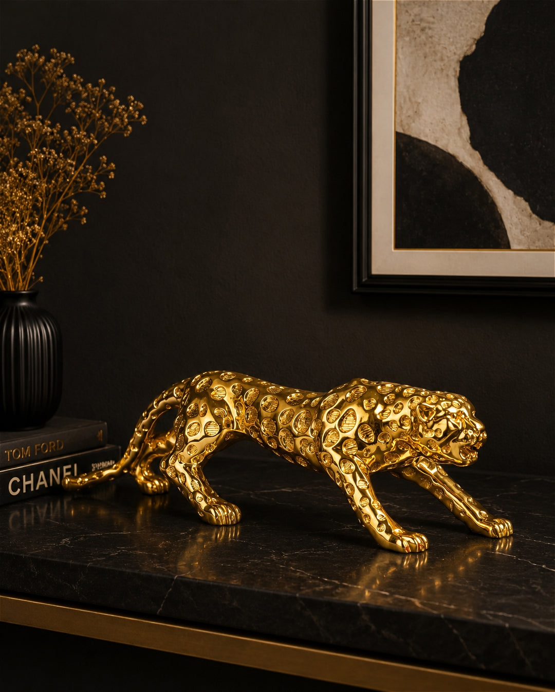 Luxury Golden Leopard Sculpture | Modern Resin Panther Showpiece | Designer Home Decor Accent