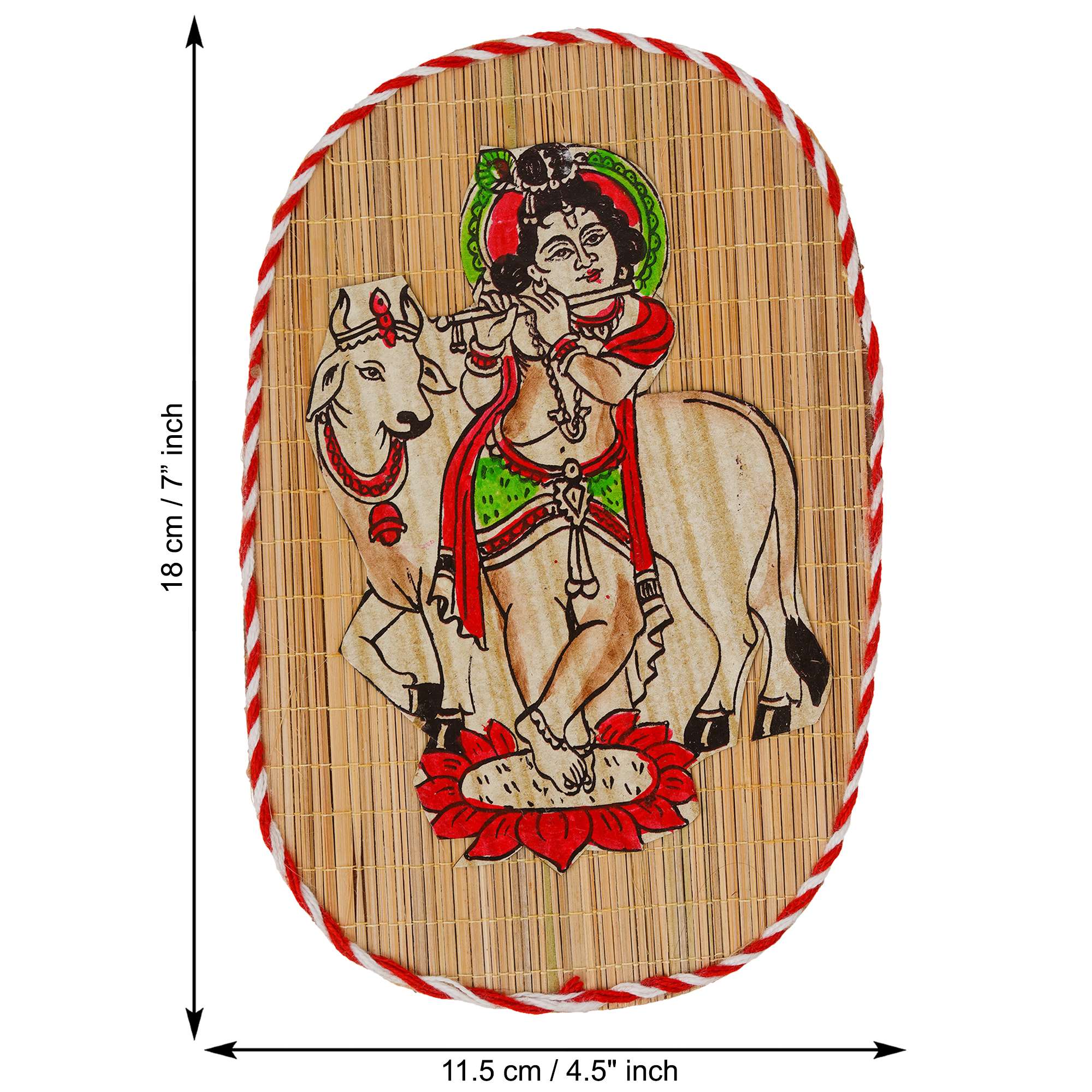 Oval Shaped Design Bamboo Hand Crafted Wall Hangings Of Bal Gopal With Holy Cow For Home D?cor | Bamboo Art For Wall Decor