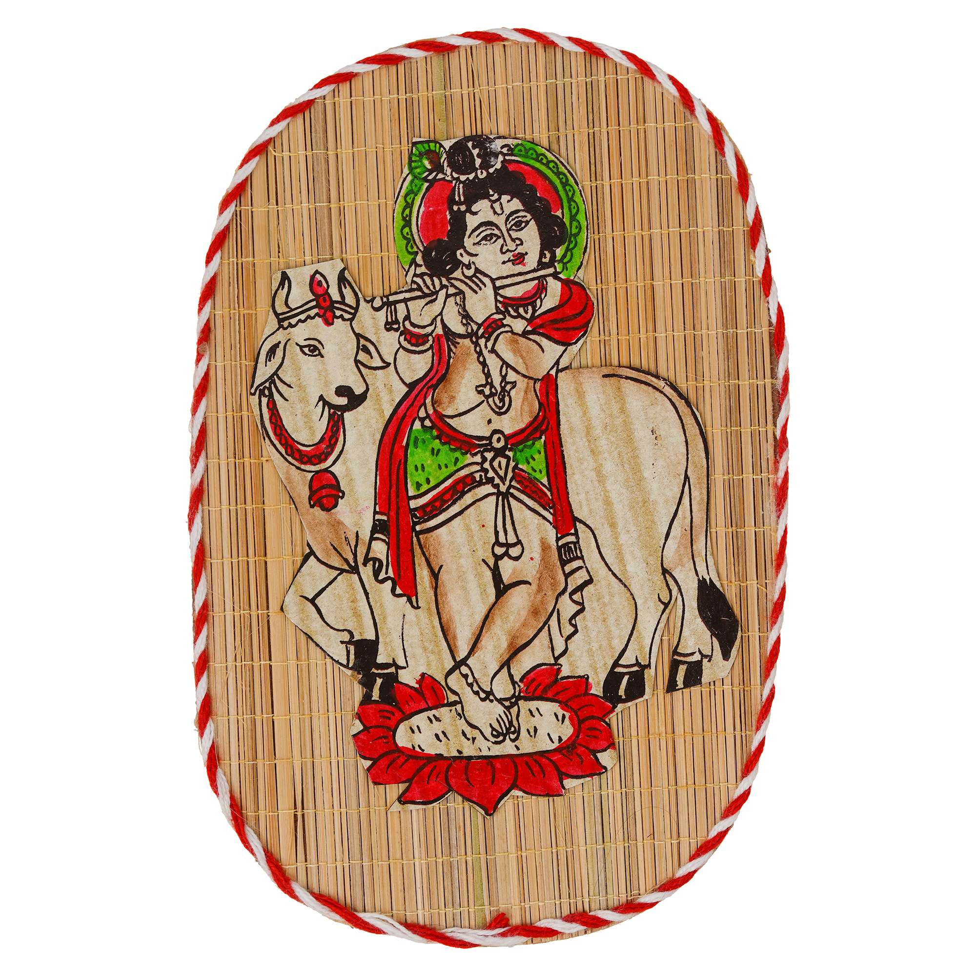 Oval Shaped Design Bamboo Hand Crafted Wall Hangings Of Bal Gopal With Holy Cow For Home D?cor | Bamboo Art For Wall Decor