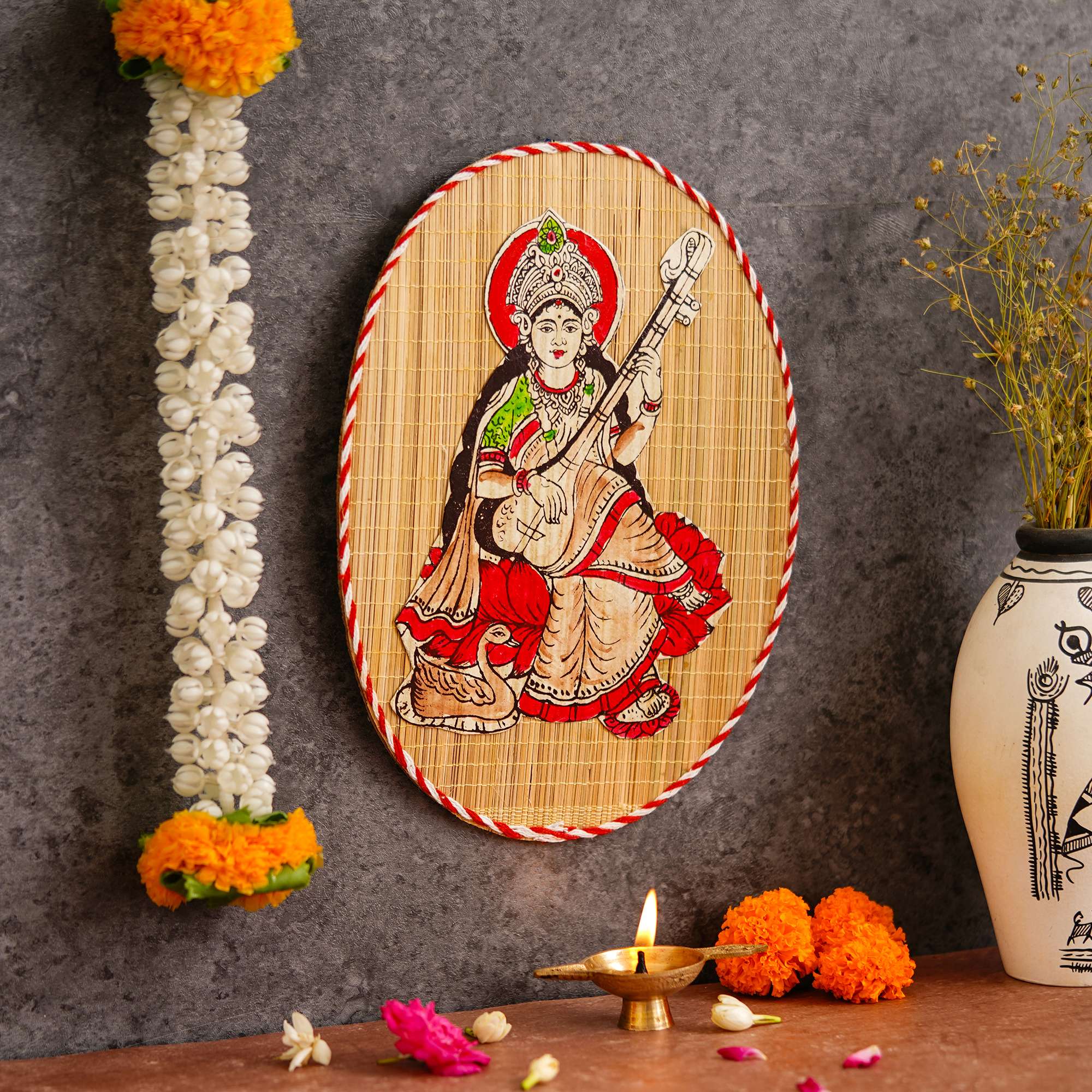 Oval Shaped Design Bamboo Hand Crafted Wall Hangings Of Godess Sarwasti Ji For Home D?cor