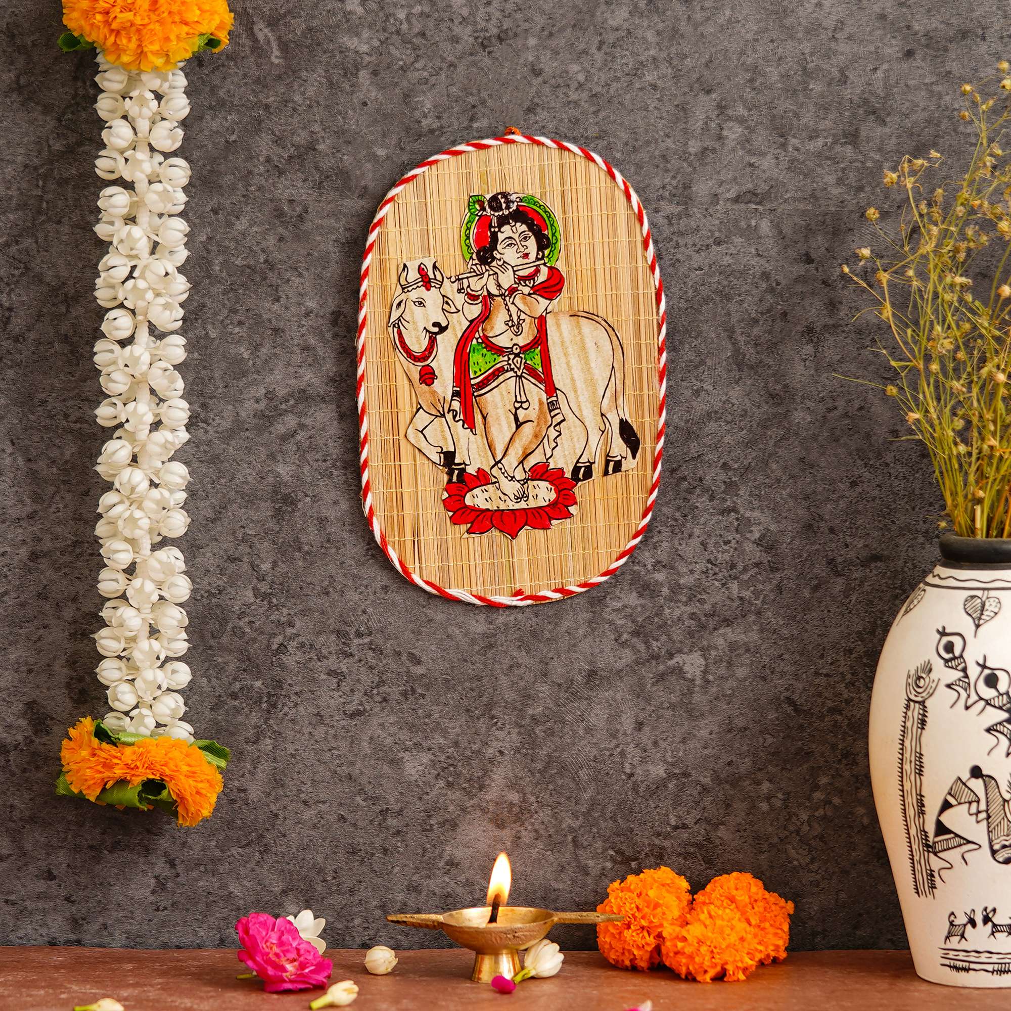 Oval Shaped Design Bamboo Hand Crafted Wall Hangings Of Bal Gopal With Holy Cow For Home D?cor | Bamboo Art For Wall Decor