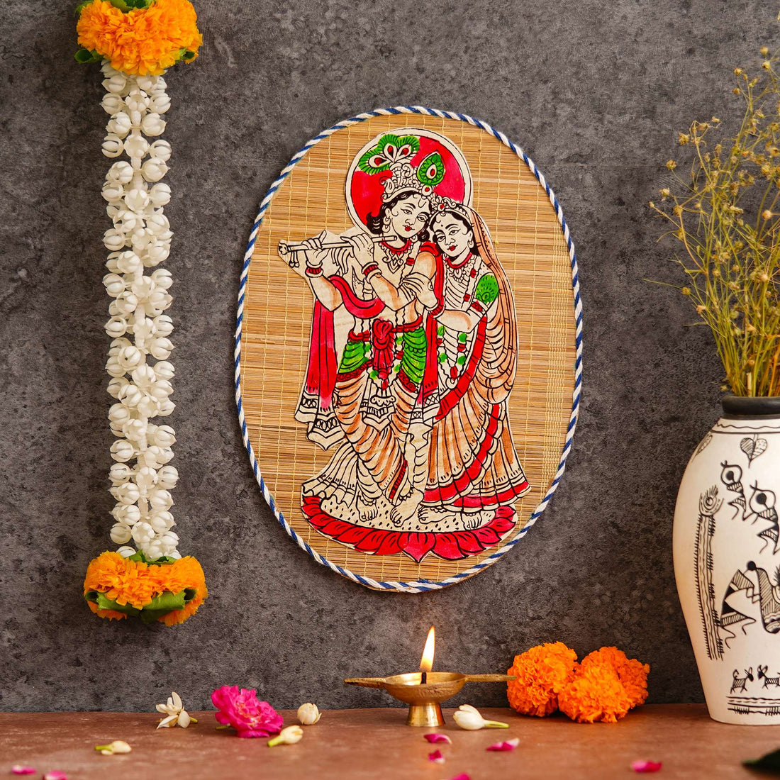 Oval Shaped Design Bamboo Hand Crafted Wall Hangings Of Krishna Ji With Radha Ji For Home D?cor | Bamboo Art For Wall Decor
