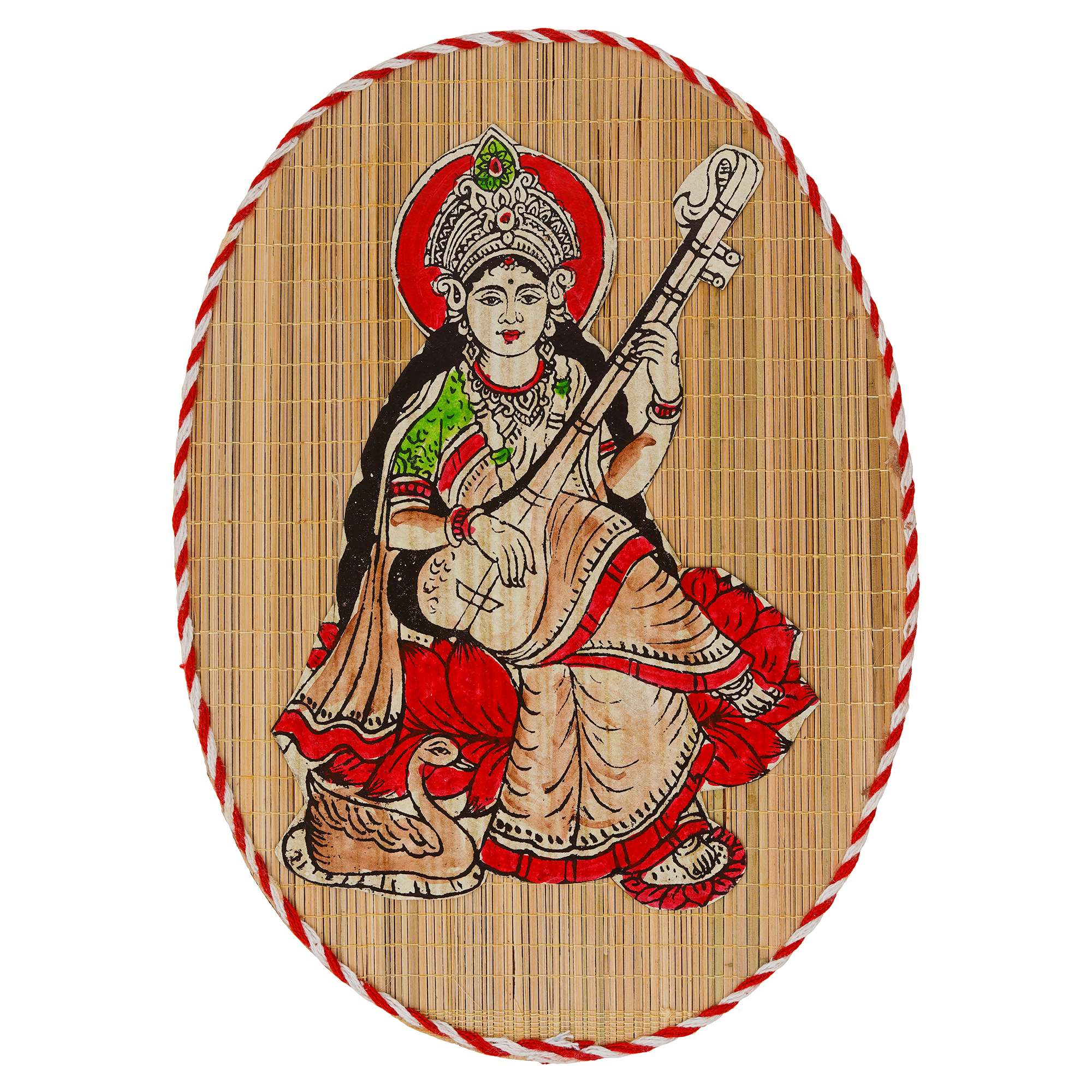 Oval Shaped Design Bamboo Hand Crafted Wall Hangings Of Godess Sarwasti Ji For Home D?cor