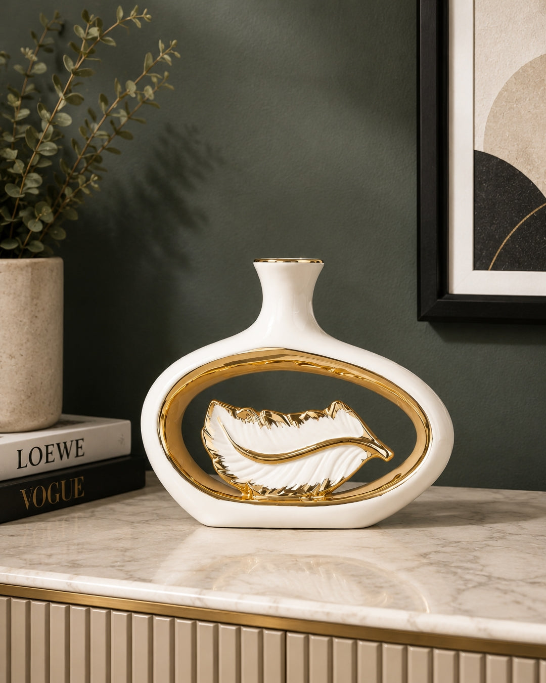 Luxury Nordic Hollow Ceramic Vase with Golden Leaf | Modern Designer Decorative Vase for Home & Office
