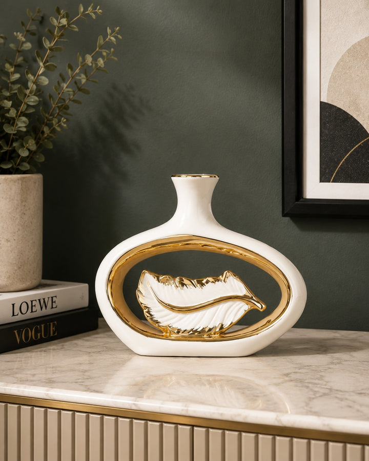 Luxury Nordic Hollow Ceramic Vase with Golden Leaf | Modern Designer Decorative Vase for Home & Office