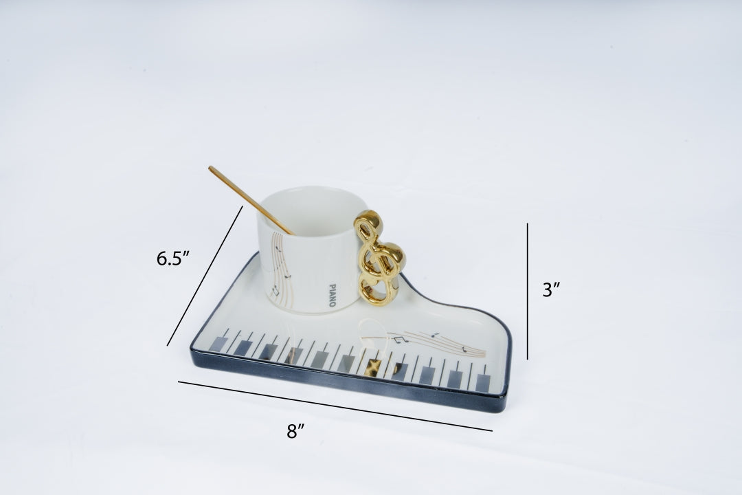 Piano Luxe Coffee Mug & Musical Notes Tray Set | Black & Gold Music Lover Décor