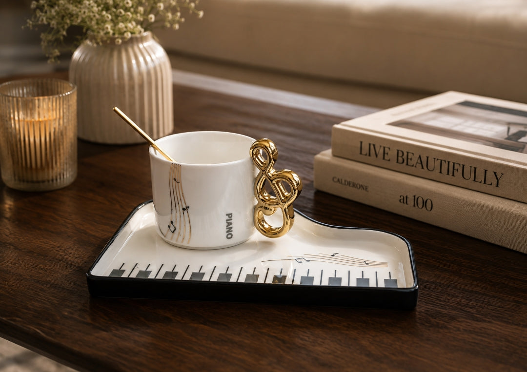 Piano Luxe Coffee Mug & Musical Notes Tray Set | Black & Gold Music Lover Décor