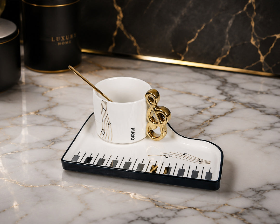 Piano Luxe Coffee Mug & Musical Notes Tray Set | Black & Gold Music Lover Décor